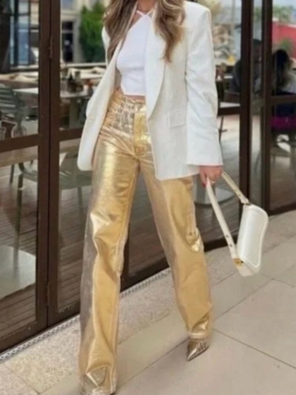 Zara Gold Metallic High-Waist Wide-Leg Boyfriend Button Fly Jeans